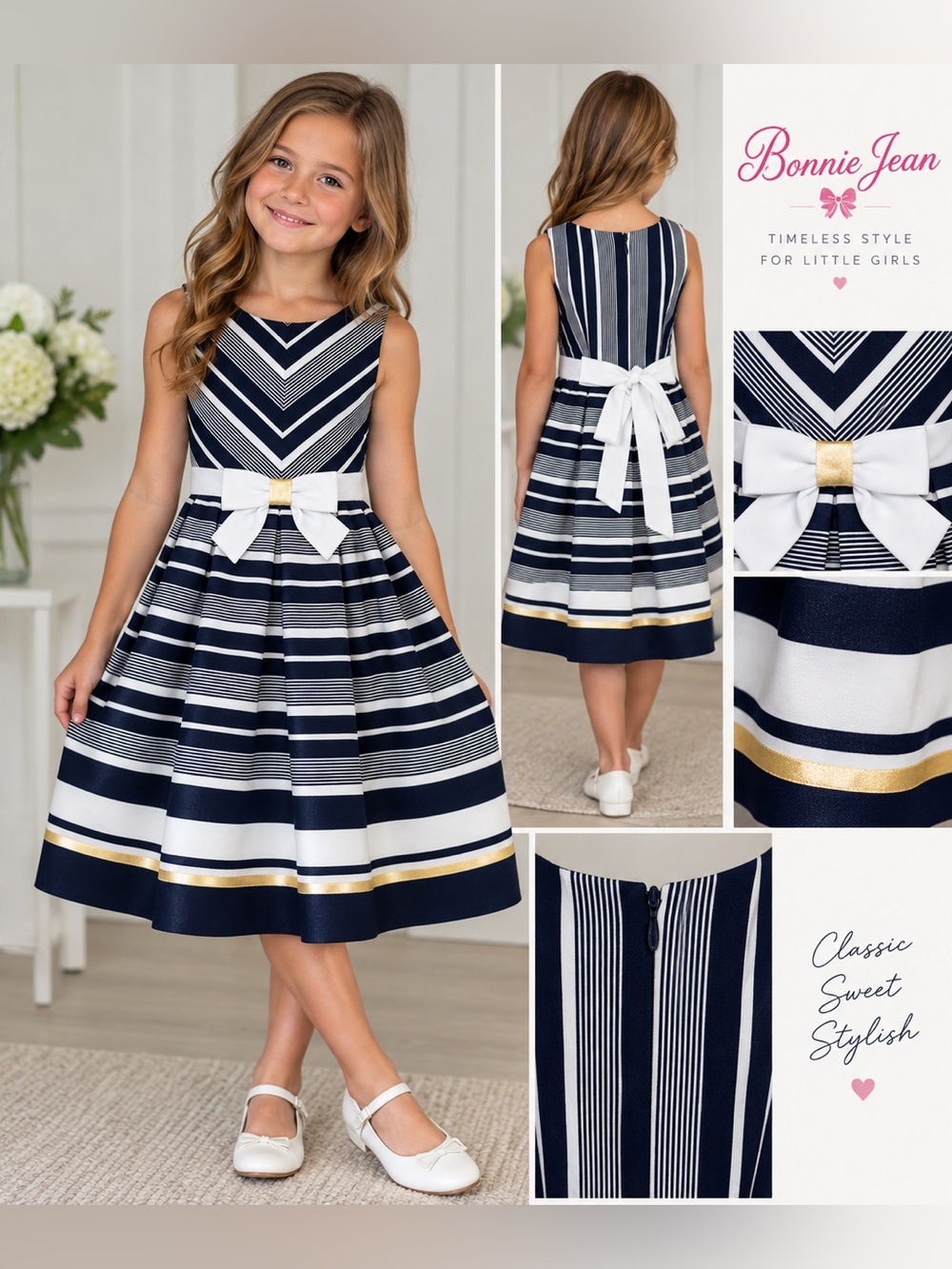 Bonnie Jean Navy, White & Gold Striped Fit-and-Flare Dress